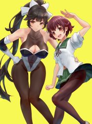 Rule 34 | 2girls, arm up, azur lane, black hair, black legwear, blush, bodysuit, bow, breasts, brown eyes, brown hair, cleavage cutout, clothing cutout, commentary request, covered navel, crossover, detached sleeves, elbow gloves, gloves, gluteal fold, green sailor collar, green serafuku, green skirt, hair between eyes, hair bow, hair flaps, hair ornament, hand on own hip, highres, kantai collection, large breasts, leotard, long hair, looking at viewer, multiple girls, mutsuki (kancolle), open mouth, pantyhose, pleated skirt, ponytail, race queen, sailor collar, school uniform, serafuku, short hair, simple background, skin tight, skirt, small breasts, smile, takao (azur lane), takao (full throttle charmer) (azur lane), tarou (user tpmh7442), thighs, very long hair, white bow, white gloves, yellow background