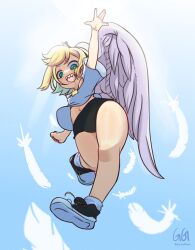 Rule 34 | 1girl, absurdres, amano pikamee, black shorts, blonde hair, feathered wings, feathers, female focus, from below, greatestgori, green eyes, hairband, highres, looking at viewer, looking down, midair, midriff, navel, open mouth, sharp teeth, shirt, shoes, short hair, short shorts, shorts, sky, socks, solo, teeth, virtual youtuber, voms, white shirt, white wings, wings