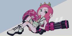 Rule 34 | 1girl, black shorts, blue background, boots, commentary, cross-laced footwear, crown, dolphin shorts, eyelashes, full body, green eyes, grey background, heavy splatling (splatoon), imaikuy0, jewelry, long hair, necklace, nintendo, octoling, octoling girl, octoling player character, open mouth, pink hair, pink trim, shorts, simple background, sitting, solo, splatoon (series), splatoon 3, symbol-only commentary, tentacle hair, two-tone background, white footwear, yellow headwear