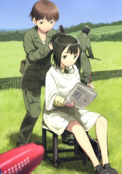 Rule 34 | absurdres, bag, black hair, brown eyes, brown hair, brushing hair, chair, comb, day, garrison cap, geena preddy, hat, highres, jumpsuit, necktie, newspaper, noble witches, non-web source, official art, outdoors, shimada fumikane, short hair, sitting, world witches series