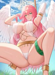 Rule 34 | 1girl, absurdres, bare shoulders, blue sky, blush, breasts, dungeon and fighter, green eyes, halo, highres, large breasts, long hair, looking at viewer, navel, open mouth, pink hair, sky, solo, thighs, ultra-13, wings