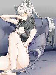 Rule 34 | 1girl, absurdres, arknights, barefoot, black scarf, blush, bottomless, breasts, cat tail, chinese commentary, cleavage, commentary request, convenient leg, crop top, grey hair, highres, knee up, large breasts, long hair, looking at viewer, medium breasts, ponytail, scarf, schwarz (arknights), sitting, sleeveless, solo, tail, thighs, very long hair, wusuobushiheidongsang, yellow eyes