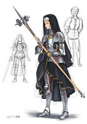 Rule 34 | 1girl, armor, armored boots, boots, breastplate, closed eyes, dated, full body, gauntlets, greaves, habit, highres, looking at viewer, medieval, nun, original, pirata (gailtonatiu), plate armor, polearm, sabaton, shoulder armor, signature, simple background, sketch, solo, war hammer, weapon, white background