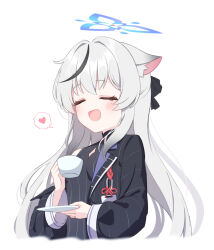 Rule 34 | 1girl, animal ears, blue archive, blush, closed eyes, commentary request, cup, foulo paints, grey hair, halo, heart, highres, holding, holding cup, kokona (blue archive), long hair, open mouth, plate, portrait, simple background, solo, spoken heart, uniform, white background