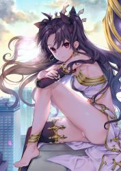 Rule 34 | 1girl, anklet, asymmetrical legwear, bare shoulders, barefoot, black hair, building, city, commentary request, crown, day, earrings, elbow gloves, fate/grand order, fate (series), feet, gloves, hair ribbon, hoop earrings, ishtar (fate), ishtar (fate), jewelry, kaguyuzu, long hair, looking at viewer, outdoors, panties, pantyshot, pelvic curtain, purple eyes, ribbon, rooftop, single elbow glove, single thighhigh, sitting, sky, smile, solo, thighhighs, two side up, underwear, uneven legwear, white panties