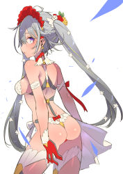 Rule 34 | 1girl, ahoge, ass, bow, braid, breasts, chinese zodiac, cowboy shot, from behind, gloves, grey hair, hair between eyes, headdress, long hair, looking at viewer, medium breasts, original, profile, purple eyes, red bow, red gloves, sideways mouth, solo, tajima ryuushi, very long hair, wedgie, white background, white wings, wings, year of the rooster