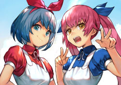 Rule 34 | 2girls, blue eyes, blue hair, blue ribbon, blue shirt, brown eyes, collared shirt, dress, hair ribbon, hungry clicker, multiple girls, omega ray, omega rio, omega sisters, omega symbol, pink hair, puffy short sleeves, puffy sleeves, red ribbon, red shirt, ribbon, shirt, short sleeves, sleeveless, sleeveless dress, smile, twintails, upper body, virtual youtuber, white dress