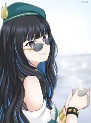 Rule 34 | 1girl, absurdres, bare shoulders, beret, black hair, blue hair, breasts, coffee mug, colored inner hair, cup, dy sensis, eyeliner, fate/grand order, fate (series), green hat, green jacket, grey eyes, grin, hat, highres, jacket, long hair, looking at viewer, makeup, mug, multicolored hair, off shoulder, round eyewear, sidelocks, small breasts, smile, solo, sunglasses, tenochtitlan (fate), tenochtitlan (second ascension) (fate), wavy hair, zipper