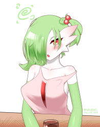 Rule 34 | 1girl, absurdres, akatori (redbird), alcohol, artist name, bare shoulders, blush, breasts, collarbone, colored skin, covered erect nipples, creatures (company), cup, dated, drink, drunk, female focus, game freak, gardevoir, gen 3 pokemon, green hair, green skin, hair bobbles, hair ornament, hair over one eye, half-closed eyes, highres, large breasts, looking at viewer, messy hair, multicolored skin, nintendo, no humans, off shoulder, open mouth, pink shirt, pokemon, pokemon (creature), red eyes, shiny skin, shirt, short hair, side ponytail, sleeveless, sleeveless shirt, solo, twitter username, two-tone skin, upper body, watermark, white skin