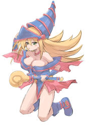 Rule 34 | 1girl, absurdres, blonde hair, blush, breasts, cleavage, dark magician girl, hat, highres, large breasts, sho (wnmf3234), simple background, solo, staff, white background, witch, witch hat, yu-gi-oh!