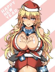 Rule 34 | 1girl, 2018, alternate color, black gloves, blonde hair, blue eyes, breasts, christmas, cleavage, elbow gloves, fingerless gloves, gloves, happy new year, hat, huge breasts, iowa (kancolle), kantai collection, looking at viewer, merry christmas, new year, okutama tarou, santa hat, smile, solo, star-shaped pupils, star (symbol), symbol-shaped pupils, upper body
