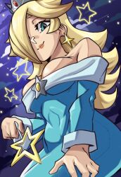 Rule 34 | aqua dress, blonde hair, blue eyes, breasts, brooch, cleavage, dress, earrings, hair over one eye, holding, holding wand, jewelry, large breasts, long hair, mario (series), moxydraws, night, night sky, nintendo, off-shoulder dress, off shoulder, rosalina, sky, star (symbol), star brooch, star earrings, star wand, wand