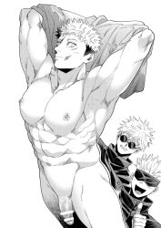 Rule 34 | 2boys, abs, bar censor, blindfold, blush, ccccc (jpn m0), censored, closed mouth, completely nude, covered eyes, facial mark, flaccid, gojou satoru, greyscale, high collar, itadori yuuji, jacket, jujutsu kaisen, looking at another, looking at viewer, male focus, monochrome, multiple boys, navel, nipples, nude, open mouth, penis, round eyewear, scar, scar on face, scar on mouth, shirt, unworn shirt, short hair, smile, spiked hair, sunglasses, thumbs up, twitter username, undercut, undressing