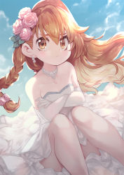 Rule 34 | 1girl, aisaka taiga, blue sky, braid, brown eyes, brown hair, cloud, commentary, crossed arms, dress, earrings, elbow gloves, english commentary, eyebrows hidden by hair, flower, gloves, hair flower, hair ornament, highres, jewelry, light blush, long hair, parororo, pink flower, pink rose, pout, rose, sitting, sky, solo, toradora!, wedding dress, white dress, white gloves