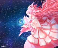 Rule 34 | 10s, 1girl, bow, closed eyes, dress, earth (planet), giant, giantess, gloves, gradient background, hair bow, hair ribbon, haru (tnwls3881), highres, huge giantess, kaname madoka, long hair, mahou shoujo madoka magica, mahou shoujo madoka magica (anime), multiple girls, pink hair, planet, ribbon, smile, space, spoilers, tearing up, twintails, two side up, ultimate madoka, wings