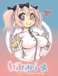 Rule 34 | + +, 10s, 1girl, blue eyes, blush, bow, breasts, crybringer, double w, female focus, hair bow, hibari (senran kagura), jacket, large breasts, looking at viewer, pink hair, senran kagura, short hair, short twintails, smile, solo, symbol-shaped pupils, track jacket, twintails, w