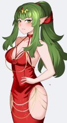 Rule 34 | 1girl, absurdres, alternate color, alternate costume, breasts, chain, choker, cleavage, dress, fire emblem, fire emblem awakening, gold chain, green eyes, green hair, halterneck, highres, hip vent, kgctcg, large breasts, long hair, modakawa dress, nintendo, pointy ears, ponytail, red choker, red dress, solo, tiara, tiki (adult) (fire emblem), tiki (fire emblem)