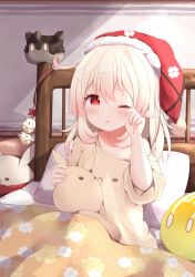Rule 34 | 1girl, ahoge, alternate costume, bed, bed sheet, blush, character doll, child, clover print, collarbone, commentary request, dodoco (genshin impact), genshin impact, hair between eyes, hat, highres, jumpy dumpty, klee (genshin impact), light brown hair, long hair, looking at viewer, low twintails, one eye closed, pajamas, parted lips, pillow, pointy ears, red eyes, short sleeves, sidelocks, slime (genshin impact), solo, stuffed animal, stuffed toy, tutsucha illust, twintails, under covers, waking up