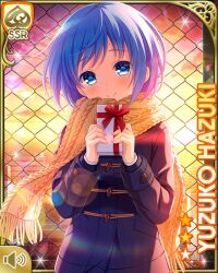 Rule 34 | 1girl, blue eyes, blue hair, card (medium), chain-link fence, character name, closed mouth, coat, day, fence, girlfriend (kari), green neckwear, green skirt, hazuki yuzuko, official art, outdoors, plaid, plaid skirt, qp:flapper, rooftop, scarf, school, school uniform, shirt, shoes, short hair, skirt, socks, solo, standing, sunset, sweater vest, tagme, valentine, white shirt, winter clothes, winter coat