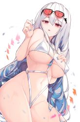 Rule 34 | 1girl, absurdres, arknights, bad id, bad pixiv id, bare arms, bare shoulders, between breasts, bikini, blue nails, breasts, cleavage, covered erect nipples, eyewear on head, groin, hand on own chest, hand up, highres, large breasts, leria v, long hair, looking at viewer, multi-strapped bikini, nail polish, navel, parted lips, red eyes, skadi (arknights), solo, stomach, string bikini, sunglasses, swimsuit, thighs, very long hair, wet, white bikini, white hair