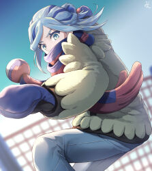 Rule 34 | 1boy, aqua eyes, blue hair, blue mittens, blue scarf, blurry, blurry background, commentary request, creatures (company), day, eyelashes, fence, floating scarf, game freak, grusha (pokemon), hair bun, highres, jacket, long sleeves, male focus, min (myna8247), mittens, nintendo, outdoors, pants, pokemon, pokemon sv, scarf, signature, solo, striped clothes, striped scarf, yellow jacket