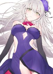 Rule 34 | 1girl, bare shoulders, black gloves, blush, breasts, cleavage, closed mouth, dress, elbow gloves, fate/grand order, fate (series), flower, gloves, gluteal fold, groin, hair between eyes, hair flower, hair ornament, hayashi kewi, jeanne d&#039;arc (fate), jeanne d&#039;arc alter (avenger) (fate), jeanne d&#039;arc alter (fate), large breasts, long hair, looking at viewer, medium breasts, neck ribbon, official alternate costume, pale skin, purple dress, ribbon, silver hair, simple background, solo, white background, yellow eyes
