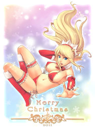 Rule 34 | 1girl, bikini, blonde hair, blue eyes, boots, breasts, bridal gauntlets, christmas, covered erect nipples, dan (kumadan), foreshortening, hat, highres, janna (league of legends), large breasts, league of legends, long hair, looking at viewer, open mouth, pointy ears, santa boots, shiny skin, side-tie bikini bottom, solo, strap gap, swimsuit