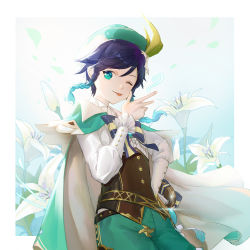 Rule 34 | 1boy, :p, absurdres, androgynous, beret, black hair, blue hair, bow, braid, brooch, cape, closed mouth, collared cape, collared shirt, corset, flower, frilled sleeves, frills, gem, genshin impact, gradient hair, green eyes, green hat, green shorts, hair flower, hair ornament, hand on own hip, hat, heart, highres, jewelry, leaf, long sleeves, looking at viewer, male focus, multicolored hair, one eye closed, pinwheel, shirt, short hair with long locks, shorts, simple background, smile, solo, sparkle, tongue, tongue out, twin braids, venti (genshin impact), vision (genshin impact), white flower, white shirt, yal (lily910218)