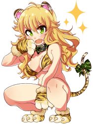 Rule 34 | 1girl, ahoge, alternate costume, animal ears, animal hands, animal print, bad id, bad pixiv id, blonde hair, blush, bottomless, breasts, claws, collar, fang, flower, green eyes, highres, hoshii miki, idolmaster, idolmaster (classic), long hair, looking at viewer, no panties, open mouth, ribbon, simple background, solo, squatting, tail, tail ornament, tail ribbon, tiger ears, tiger paws, tiger print, tiger tail, white background, yuuko (yu-kochan)