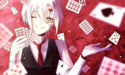 Rule 34 | 1boy, ace (playing card), ace of spades, allen walker, blurry, bokuhaboku, card, d.gray-man, dated commentary, depth of field, eight of hearts, five of diamonds, gloves, grey eyes, hair between eyes, highres, holding, holding card, looking at viewer, male focus, necktie, pale skin, petticoat, playing card, red background, red necktie, scar, scar across eye, scar on face, seven of diamonds, shirt, short hair, sidelighting, signature, smile, solo, spade (shape), ten of clubs, three of hearts, two of spades, upper body, white gloves, white hair, white shirt