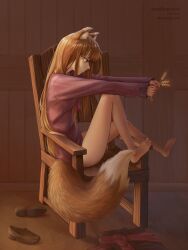 Rule 34 | 1girl, absurdres, animal ears, anyxdoesarts, bare legs, barefoot, chair, expressionless, from side, full body, highres, holo, indoors, light brown hair, long hair, long sleeves, no pants, on chair, pink shirt, red eyes, shirt, shoes, sitting, spice and wolf, tail, unworn clothes, unworn footwear, wheat, wolf ears, wolf girl, wolf tail