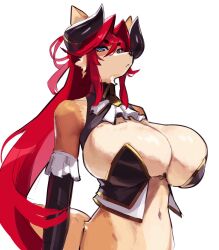 Rule 34 | 1girl, animal ears, animal nose, black horns, blue eyes, body fur, breasts, closed mouth, commentary, english commentary, eu03, furrification, furry, furry female, hair between eyes, highres, horns, huge breasts, long hair, looking at viewer, navel, original, red hair, simple background, snout, solo, tail, thick eyebrows, tsunoko, white background