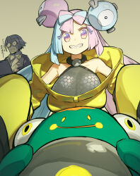 Rule 34 | 1boy, 1girl, bad id, bad twitter id, bare shoulders, bellibolt, black shorts, blue hair, blush, bow-shaped hair, breasts, character hair ornament, clavell (pokemon), collarbone, computer, creatures (company), game freak, glasses, grey eyes, grin, hair ornament, highres, iono (pokemon), jacket, laptop, large breasts, light blue hair, long hair, long sleeves, looking at viewer, low twintails, melon22, multicolored hair, nintendo, off shoulder, pink hair, pokemon, pokemon sv, sharp teeth, shorts, sleeves past fingers, sleeves past wrists, smile, split-color hair, teeth, twintails, yellow jacket