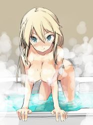 Rule 34 | 10s, 1girl, :p, bad id, bad twitter id, bath, bent over, bismarck (kancolle), blonde hair, blue eyes, blush, breasts, female pubic hair, hanging breasts, inverted nipples, iwasaki takashi, kantai collection, large breasts, long hair, looking at viewer, nipples, nude, pubic hair, solo, steam, tongue, tongue out, water