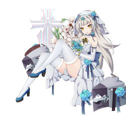 Rule 34 | 1girl, absurdres, alternate costume, ass, azur lane, bare shoulders, blunt bangs, bouquet, bracelet, bridal veil, choker, collarbone, commentary request, dress, elbow gloves, flower, gloves, grey hair, headpiece, high heels, highres, holding, holding bouquet, iron blood (emblem), jewelry, long hair, looking at viewer, machinery, mole, mole under eye, parted lips, sidelocks, simple background, sitting, sleeveless, solo, strapless, strapless dress, thighhighs, turret, veil, wedding dress, white background, white dress, white gloves, yellow eyes, z46 (azur lane), zhuiyi sigma