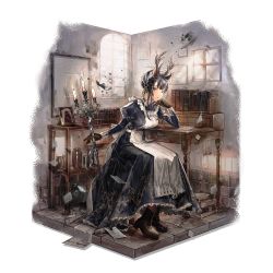 Rule 34 | 1girl, animal ears, antlers, apron, arknights, black dress, black footwear, black gloves, black hair, bonnet, book, boots, breasts, candlestand, deer ears, desk, dress, gloves, grey eyes, hand up, highres, holding, horns, indoors, juliet sleeves, long hair, long sleeves, looking at viewer, maid, maid apron, medium breasts, official art, puffy sleeves, sitting, solo, transparent background, tsukinogi (arknights), tsukinogi (londinium style miko) (arknights), ueno zousui, white apron, window