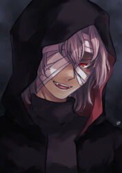 Rule 34 | 1boy, bandaged head, bandages, black background, black hood, commentary request, fangs, grey hair, highres, lo lis, male focus, open mouth, portrait, red eyes, signature, smile, solo, tohno shiki (2), tsukihime, turtleneck