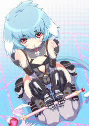 Rule 34 | 00s, 1girl, animal ears, armor, blue hair, blush, boots, elbow gloves, from above, gauntlets, gloves, leotard, looking at viewer, master of epic, red eyes, seiza, senzoc, sitting, solo, tail, thigh boots, thigh gap, thighhighs, wand