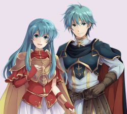 Rule 34 | 1boy, 1girl, aqua hair, armor, belt, blue eyes, breastplate, brother and sister, brown gloves, cape, closed mouth, earrings, eirika (fire emblem), ephraim (fire emblem), fingerless gloves, fire emblem, fire emblem: the sacred stones, gloves, jewelry, long hair, long sleeves, mememefe, nintendo, open mouth, red gloves, short hair, siblings, simple background, smile