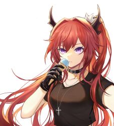 Rule 34 | 1girl, arknights, black choker, black gloves, black shirt, choker, collarbone, commentary request, cross, cross necklace, gloves, hair intakes, horns, jewelry, long hair, looking at viewer, necklace, parted lips, purple eyes, qianxiaxiale, red hair, shirt, short sleeves, simple background, solo, surtr (arknights), surtr (liberte echec) (arknights), upper body, very long hair, white background