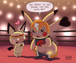 Rule 34 | 1boy, 1girl, 2020, artist name, black shirt, blush, clothes pull, cosplay pikachu, covering own mouth, creatures (company), english text, full body, game freak, headband, heart, highres, looking at viewer, luchador mask, nintendo, pants, pants pull, pikachu, pikachu libre, pokemon, pokemon (creature), pulling own clothes, shirt, sl350, sleeveless, speech bubble, standing, star-shaped pupils, star (symbol), symbol-shaped pupils