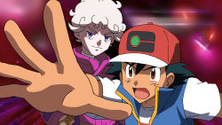 Rule 34 | 2boys, absurdres, ash ketchum, baseball cap, bede (pokemon), black hair, blue vest, brown eyes, coat, creatures (company), curly hair, game freak, hand up, hat, highres, long sleeves, looking at viewer, looking to the side, multiple boys, nintendo, open clothes, open hand, open mouth, open vest, parody, pokemon, pokemon (anime), pokemon journeys, pokemon swsh, popped collar, purple coat, purple eyes, red headwear, shirt, short hair, short sleeves, smile, sukai, tongue, upper body, vest, watch, white hair, white shirt