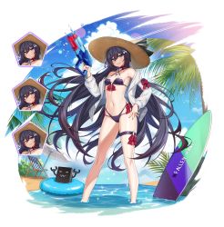 Rule 34 | 1girl, absurdres, alpha transparency, alternate costume, armpits, bad id, bad pixiv id, bare shoulders, beach, bikini, black bikini, black hair, blue eyes, breasts, choker, controlline3, counter:side, criss-cross halter, expressions, front-tie bikini top, front-tie top, full body, grin, hair ornament, halterneck, hand up, hat, highres, holding, huge filesize, jacket, jewelry, long hair, long sleeves, looking at viewer, machine-g.a.p., multi-strapped bikini, nail polish, navel, necklace, off shoulder, open clothes, open jacket, outdoors, red choker, ribbon choker, robot, rosaria (counter:side), small breasts, smile, solo, stomach, straw hat, string bikini, summer, surfboard, swimsuit, thigh strap, thighs, transparent background, very long hair, wading, water, water gun, white jacket