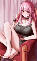 Rule 34 | 1girl, alcohol, armchair, barefoot, black choker, black nightgown, blush, breasts, chair, choker, collarbone, cup, drinking glass, feet, holding, holding cup, hololive, hololive english, knee up, large breasts, legs, long hair, looking at viewer, mori calliope, mori calliope (sleepwear), nightgown, official alternate costume, pink curtains, pink hair, red eyes, sitting, smirk, soles, solo, tanuki sanpeita, toenails, toes, virtual youtuber, wine, wine glass