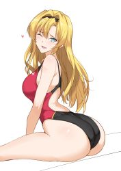 Rule 34 | 1girl, ass, back, bare shoulders, black one-piece swimsuit, blonde hair, blue eyes, blush, breasts, competition swimsuit, granblue fantasy, hair intakes, hairband, halcon, heart, highleg, highleg swimsuit, highres, large breasts, long hair, looking at viewer, one-piece swimsuit, one eye closed, open mouth, red one-piece swimsuit, simple background, sitting, smile, solo, swimsuit, thighs, two-tone swimsuit, white background, zeta (granblue fantasy)