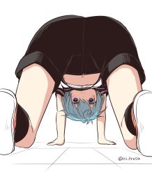 Rule 34 | 1boy, all fours, blue eyes, blue hair, from behind, looking at viewer, looking back, looking through own legs, male focus, navel, original, os (os fresa), shorts, solo, souta (os), twitter username, upside-down