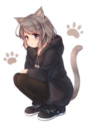 Rule 34 | 1girl, animal ears, bad id, bad pixiv id, black footwear, black pantyhose, blue eyes, blush, cat ears, cat tail, closed mouth, drawstring, full body, grey hair, hair ornament, hairclip, hand on own cheek, hand on own face, heterochromia, highres, hood, hood down, long hair, long sleeves, looking at viewer, maka neko, original, pantyhose, paw print, paw print background, pink eyes, pom pom (clothes), shoes, solo, squatting, straight hair, swept bangs, tail, very long hair, white background