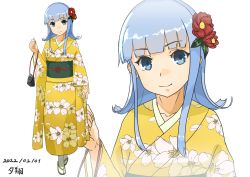 Rule 34 | 1girl, absurdres, bag, blue eyes, blue hair, character name, commentary request, dated, floral print, flower, full body, furisode, hair flower, hair ornament, hatsukaze (kancolle), highres, hime cut, japanese clothes, kantai collection, kimono, long hair, looking at viewer, multiple views, sandals, simple background, smile, white background, yellow kimono, yuushou, zoom layer