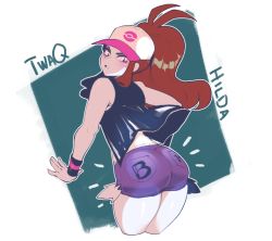 Rule 34 | 1girl, ass, baseball cap, big hair, brown hair, character name, commentary, creatures (company), english commentary, from behind, game freak, hat, high ponytail, hilda (pokemon), huge ass, long hair, looking back, nintendo, nyantcha, pockets visible, pokemon, pokemon bw, short shorts, shorts, sidelocks, signature, sleeveless, slit pupils, solo, vest, wide hips, wristband