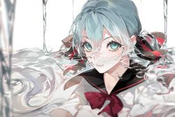 Rule 34 | 1girl, bad id, bad pixiv id, black sailor collar, blue eyes, blue hair, bottle miku, bow, closed mouth, feet out of frame, hair between eyes, hair bow, hatsune miku, knees up, liquid hair, long hair, looking at viewer, partially submerged, pig ggul, red bow, sailor collar, shirt, short sleeves, solo, striped, striped bow, thick eyebrows, vocaloid, water, white background, white shirt